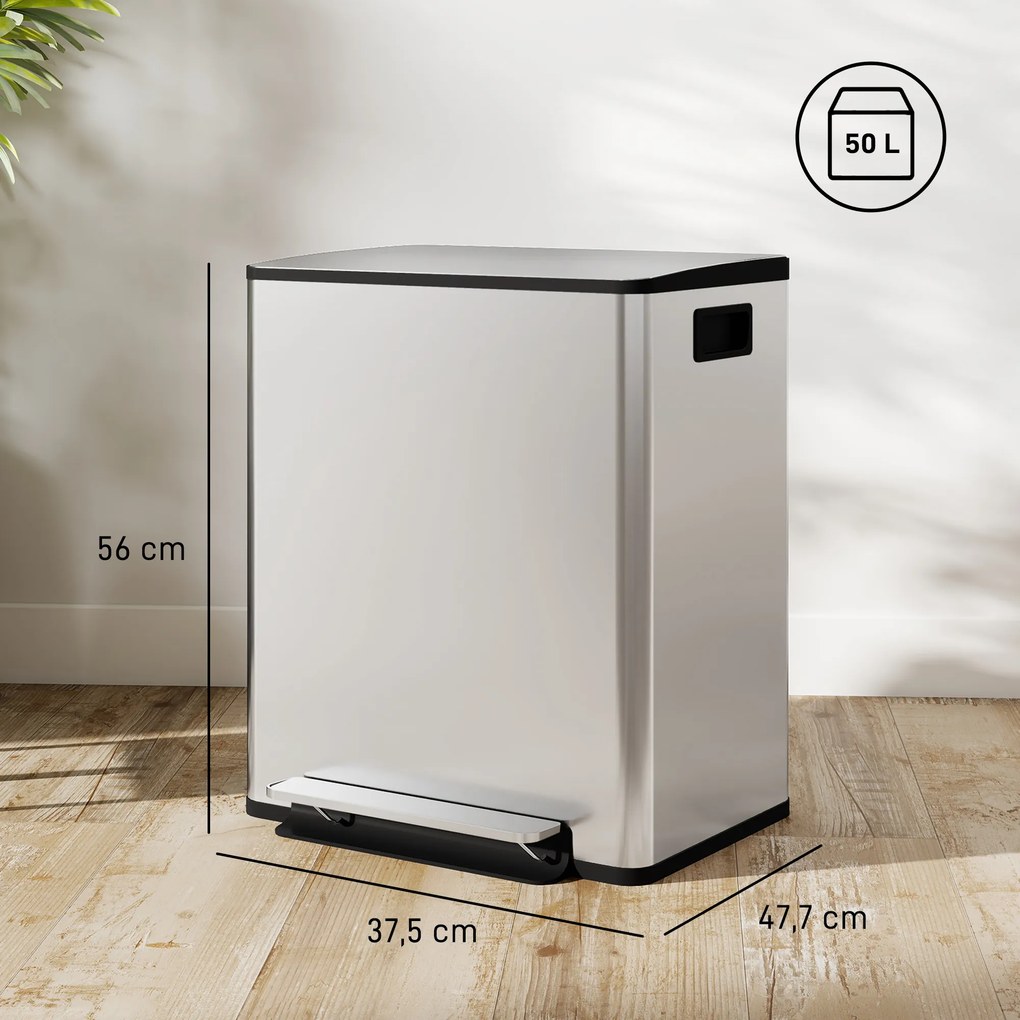 Caixote do lixo de cozinha com 2 compartimentos de 2 x 25 L, aço inoxidável, tampa com fecho suave, 47,7 x 37,5 x 56 cm, prateado