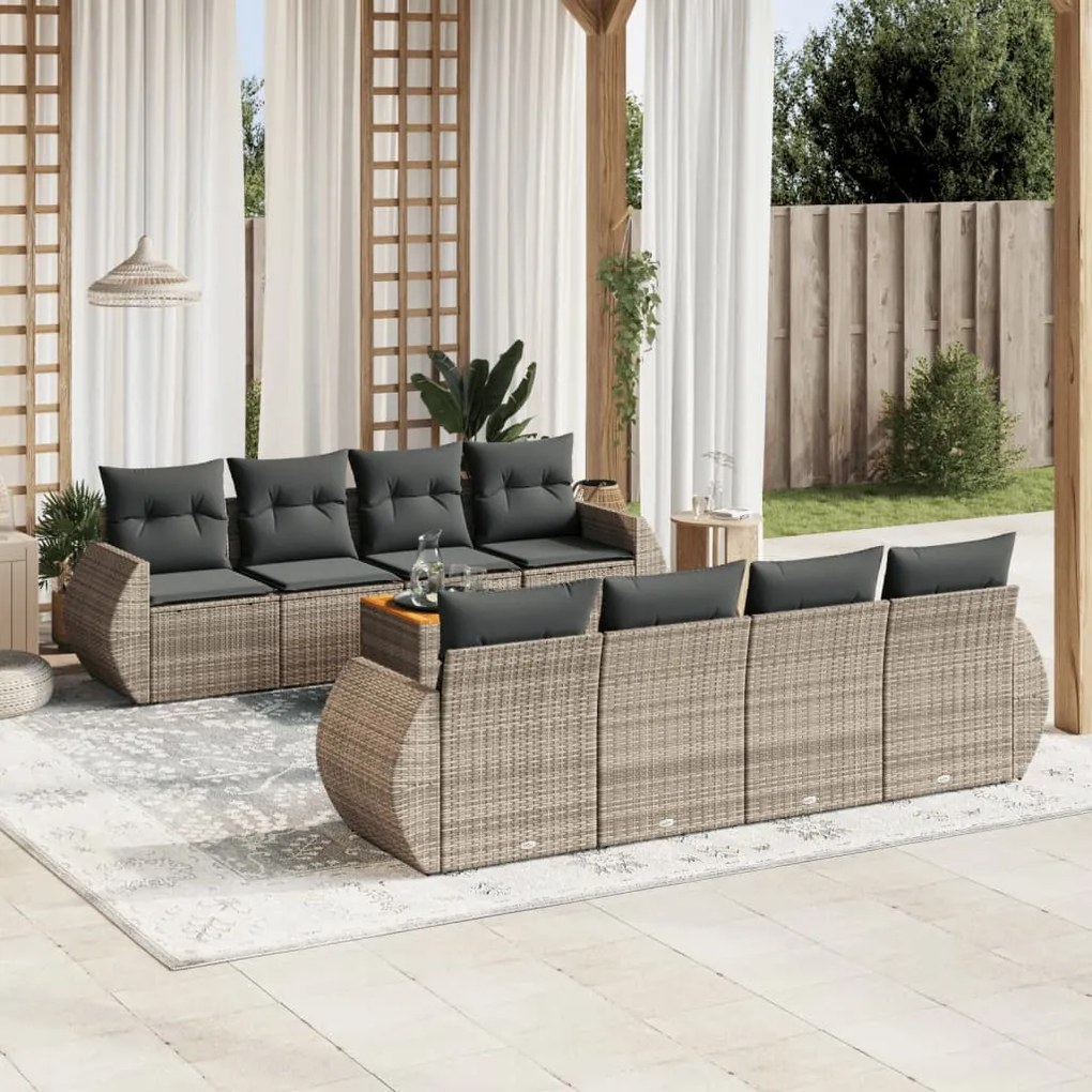 9 pcs conjunto sofás p/ jardim com almofadões vime PE cinzento