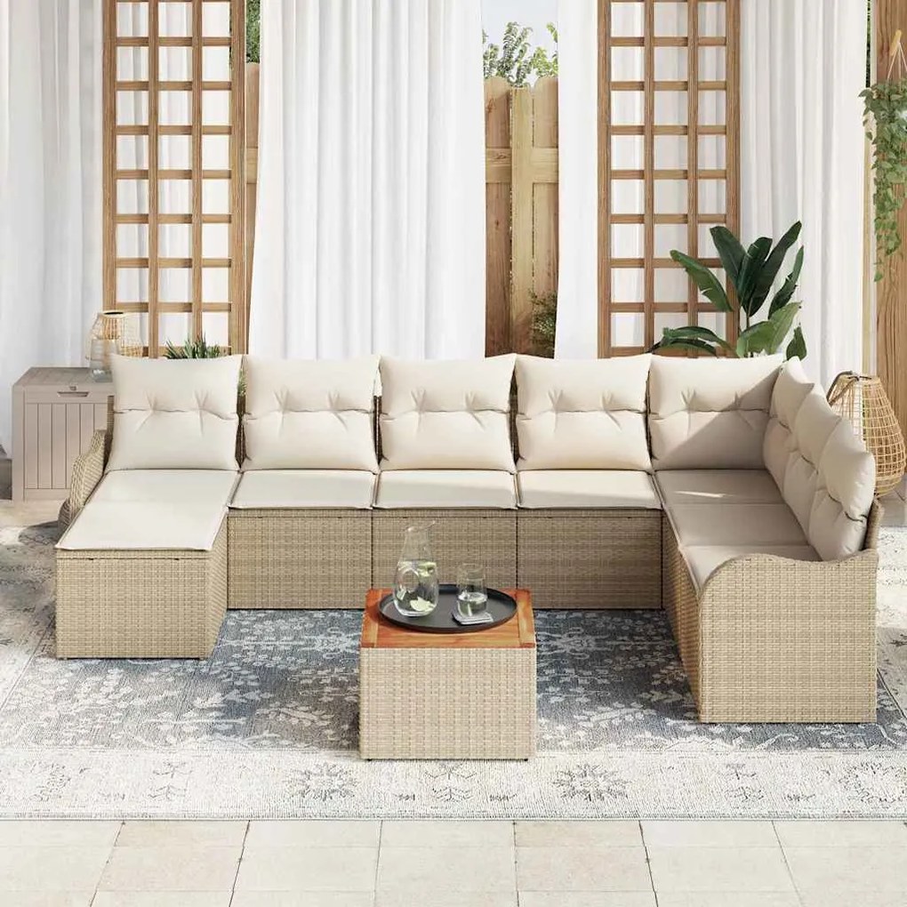 Conjunto de Sofá de Jardim de 9 Peças com Almofadas Bege Vime Sintétic