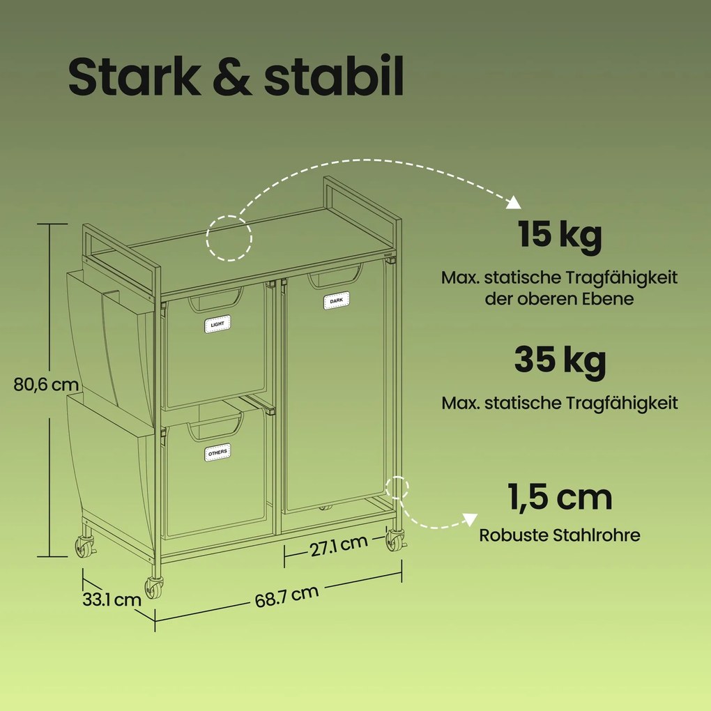 Cesto para roupa suja com 3 compartimentos dois cestos de 25 L e um de 50 L bege natural-cinzento-branco creme