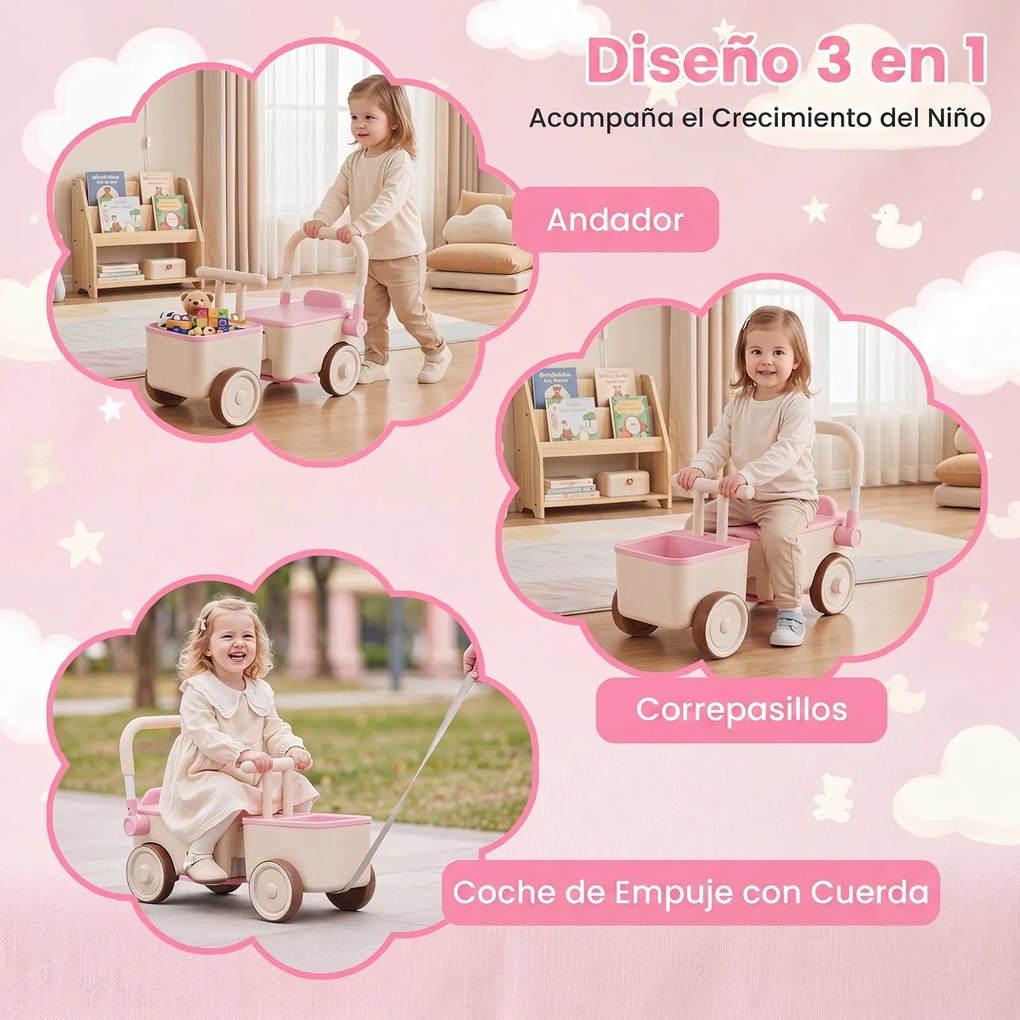 Andador Infantil 3 em 1, 67,5 x 28 x 35 cm, Três Modos de Brincadeira, Rosa