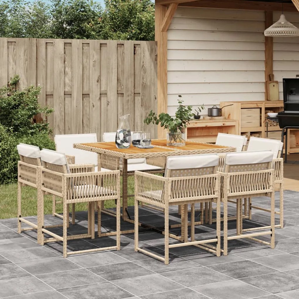 vidaXL 9 pcs conjunto de jantar p/ jardim com almofadões vime PE bege