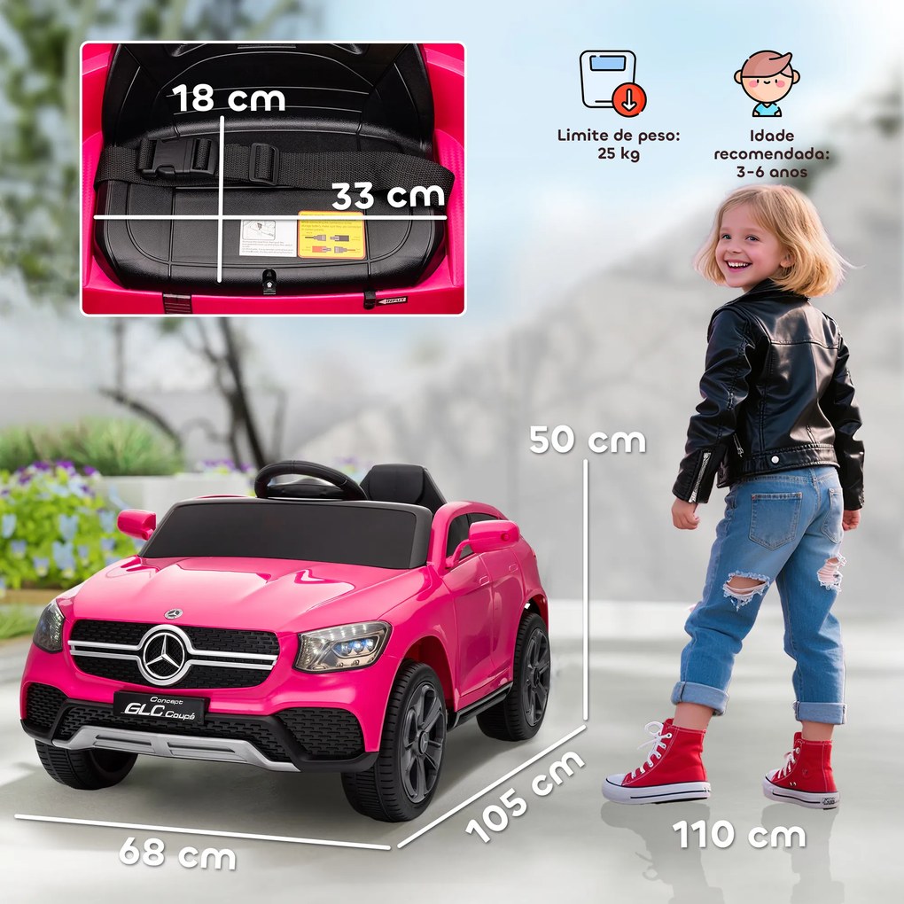 Carro Elétrico para Crianças Mercedes-Benz GLC Coupé 12V Controlo Remoto 2,4 G Motor Duplo MP3 Rosa
