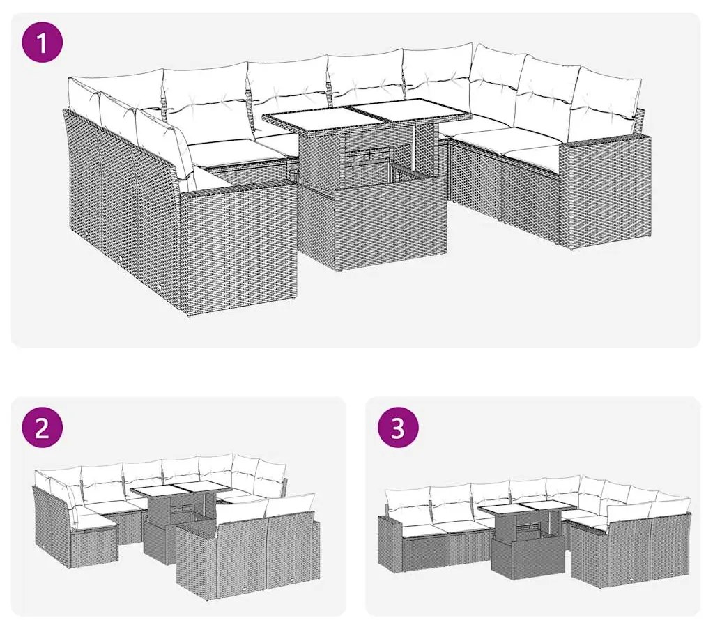 10 pcs conjunto sofás de jardim c/ almofadões vime PE cinzento