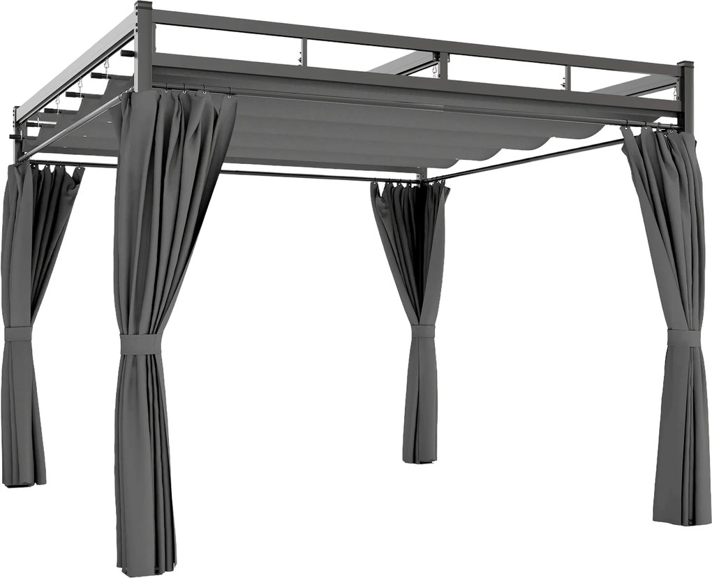 Outsunny Pérgola de Jardim 295x295x221 cm com Teto Retrátil e Cortinas UPF30+ Estrutura Metálica Pérgola para Exterior Cinzento Escuro | Aosom Portugal