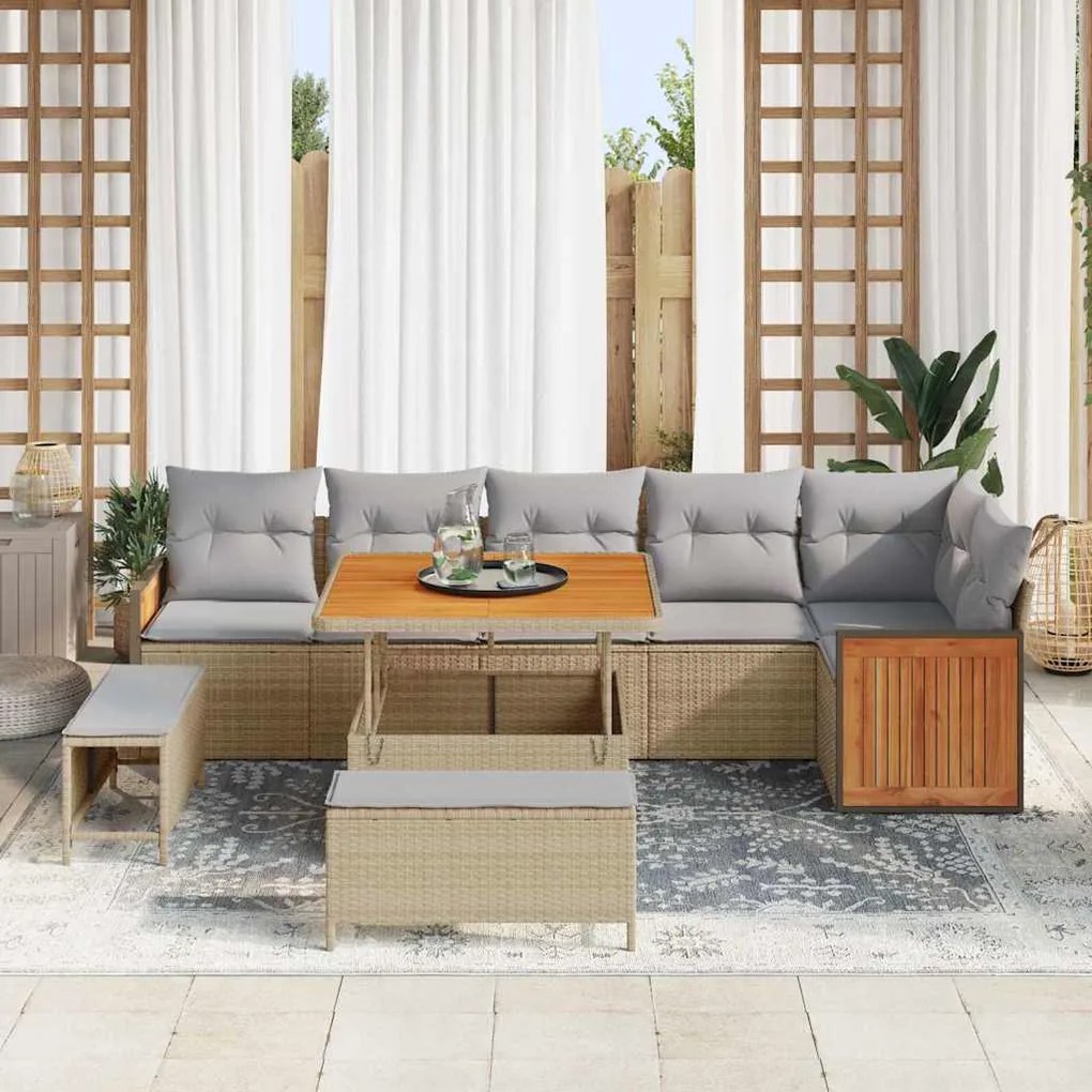 Conjunto de Sofá de Jardim de 9 Peças com Almofadas Bege Rattan Sintét