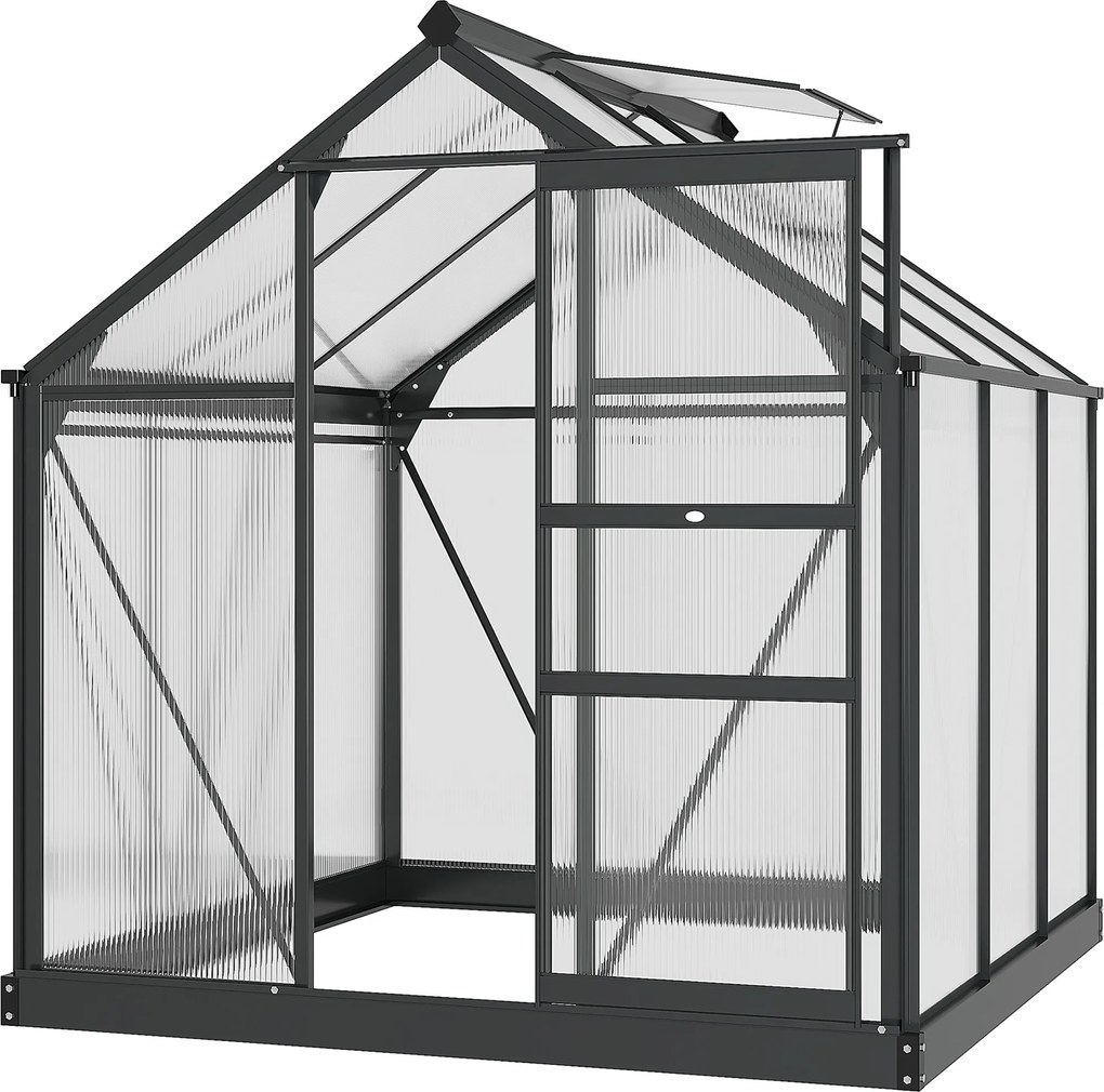 Estufa de jardim em policarbonato, 3,65 m², 190 x 192 x 201 cm, resistente aos raios UV, base reforçada, calha, cinzenta