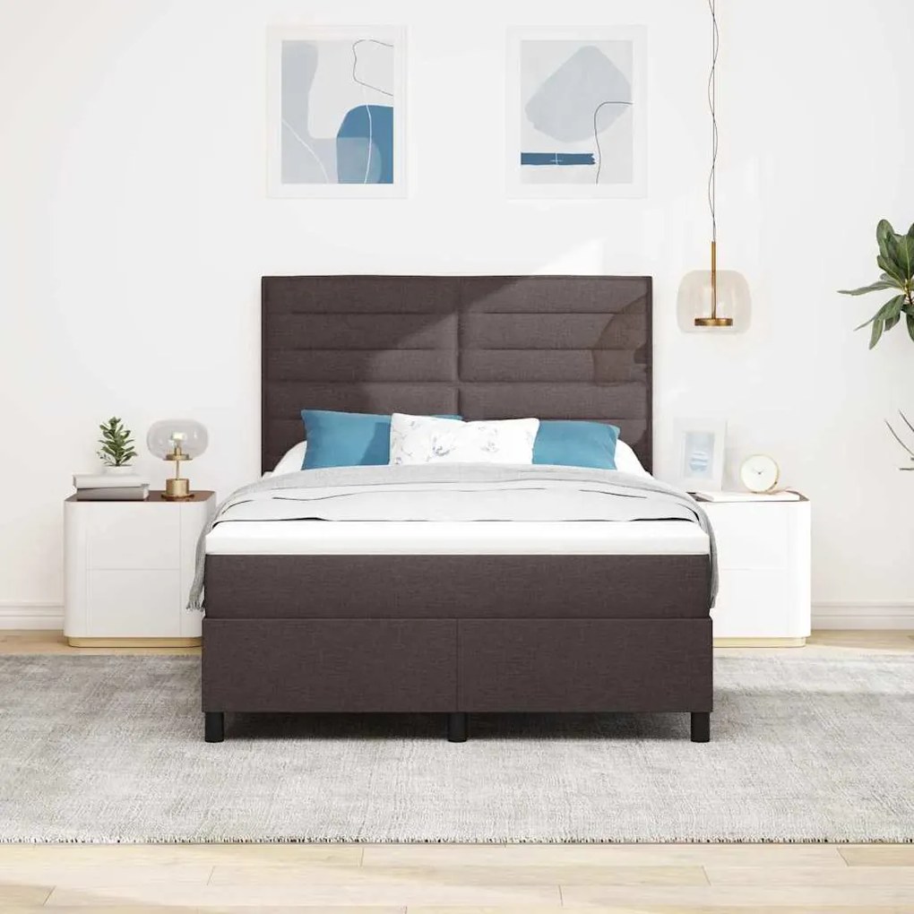 Cama Box com Colchão e LED - Castanho Escuro, 140 x 200 cm, Tecido