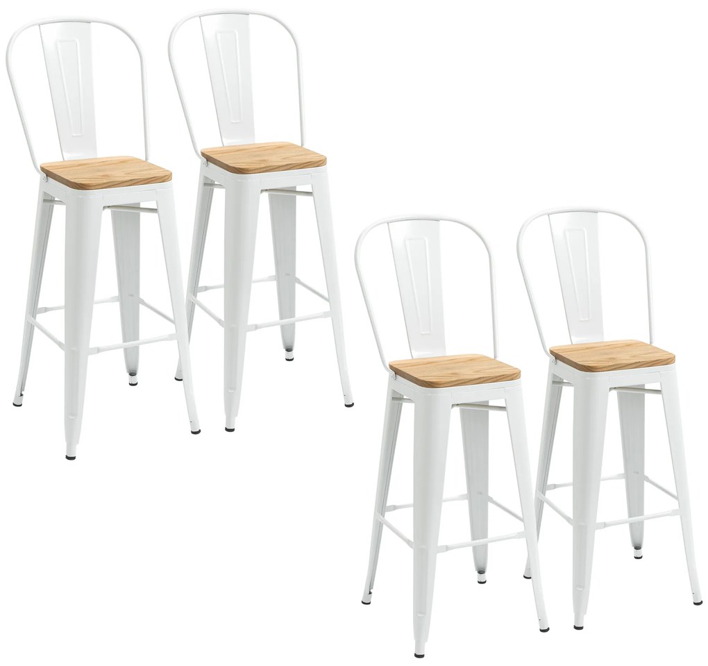 HOMCOM Conjunto 4 Bancos Altos Empilháveis Encosto Alto Apoio Pés Assento Madeira Design Moderno 44x53x116 cm Branco | Aosom Portugal