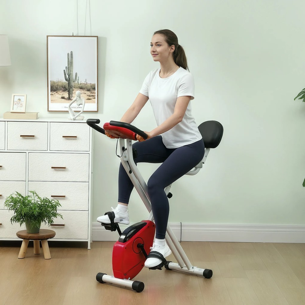 Bicicleta estática dobrável 8 níveis de resistência, encosto e selim ajustáveis, vermelha