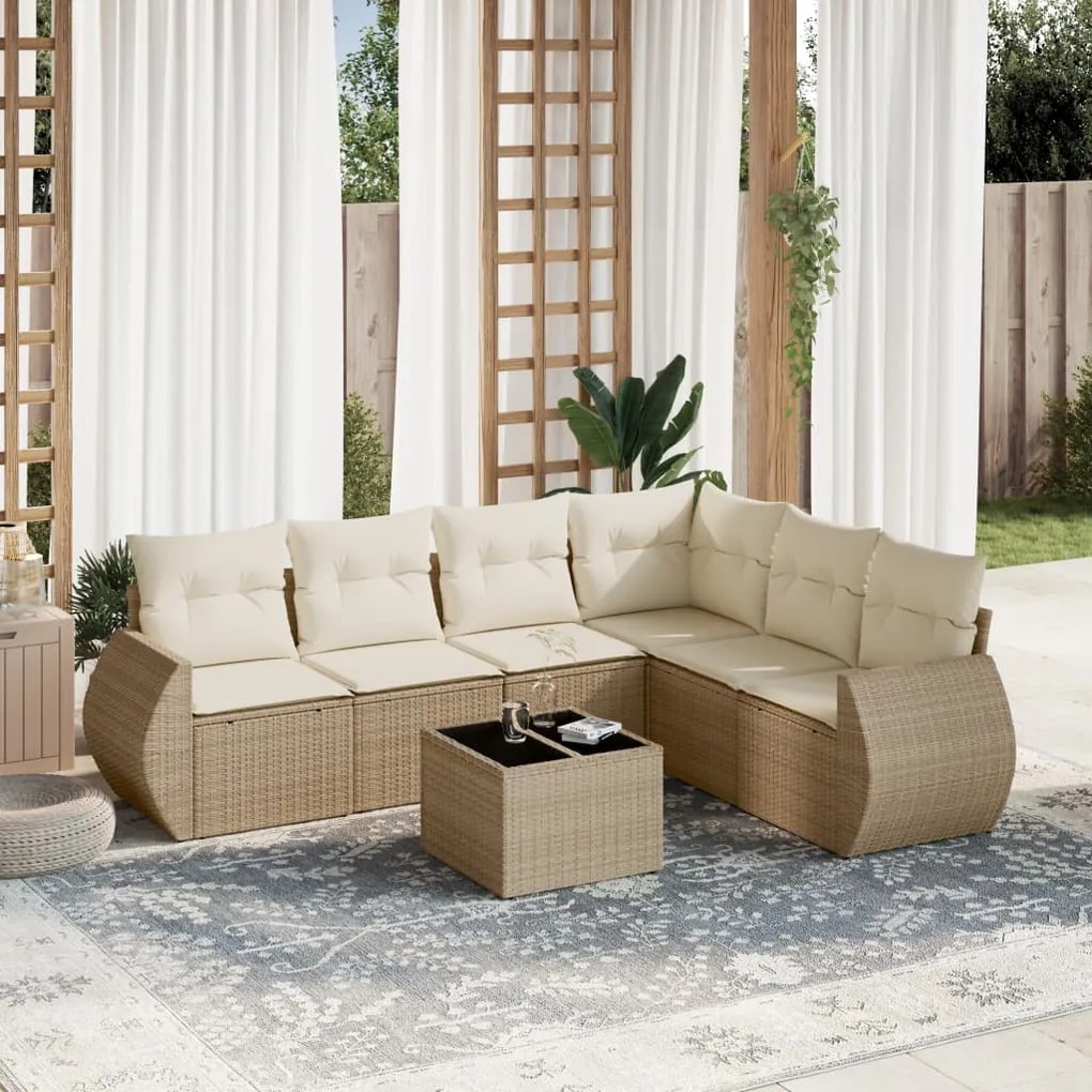 7 pcs conjunto de sofás p/ jardim com almofadões vime PE bege