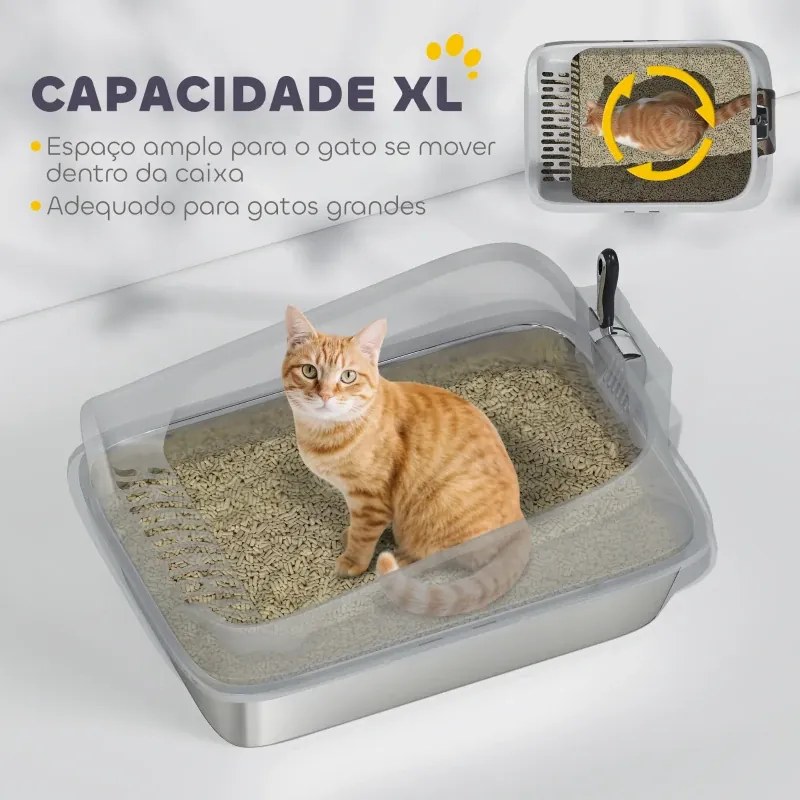 Caixa de Areia XL para Gatos 60,2x40,2x29,7 cm em Aço Inoxidável com Bordas Altas Pá Fácil de Limpar Antifugas Cinzento