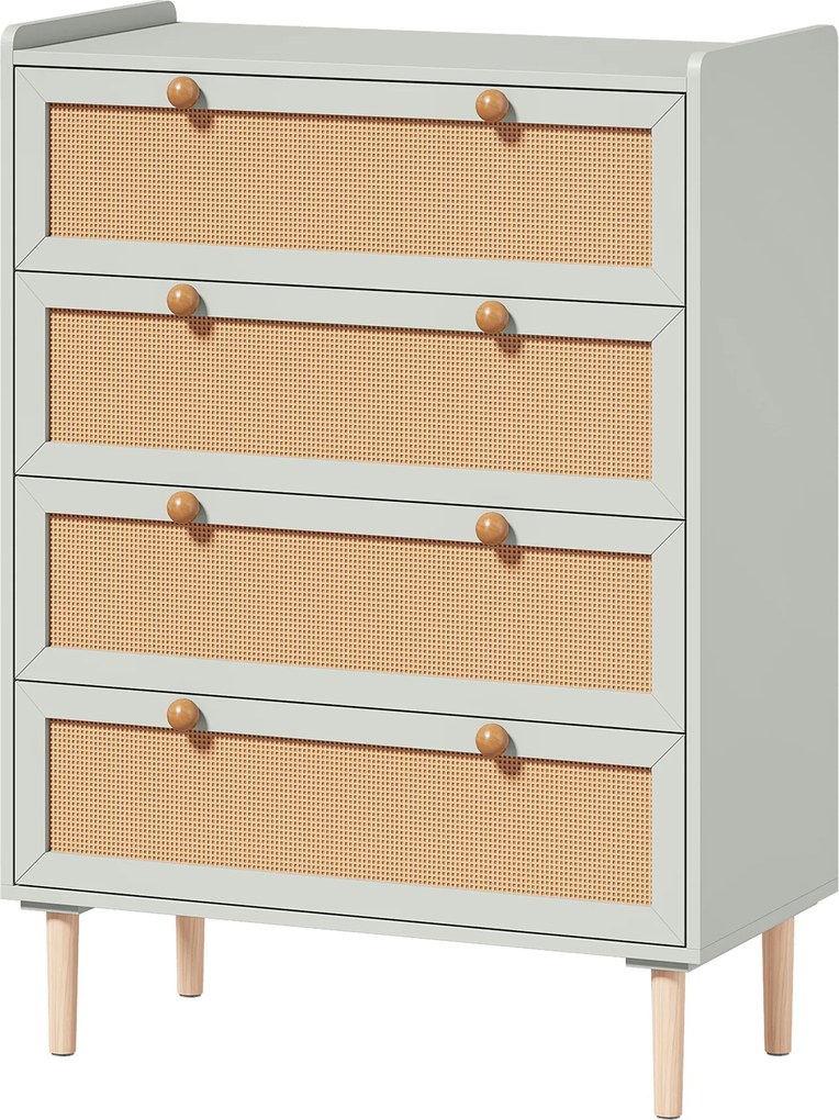 HOMCOM Cômoda 4 Gavetas em Madeira e Rattan PVC, Estilo Boêmio, para Quarto, Entrada, Corredor, 80x40x109,2cm, Verde Sálvia | Aosom Portugal