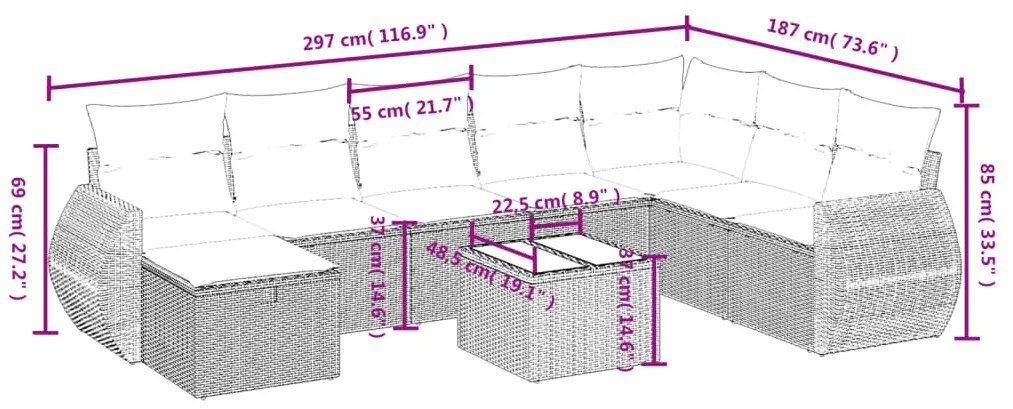 9 pcs conj. sofás jardim com almofadões vime PE cinzento-claro