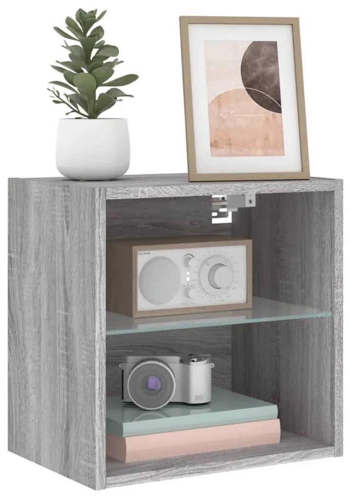 Mesa de cabeceira de parede com luzes LED cinzento sonoma