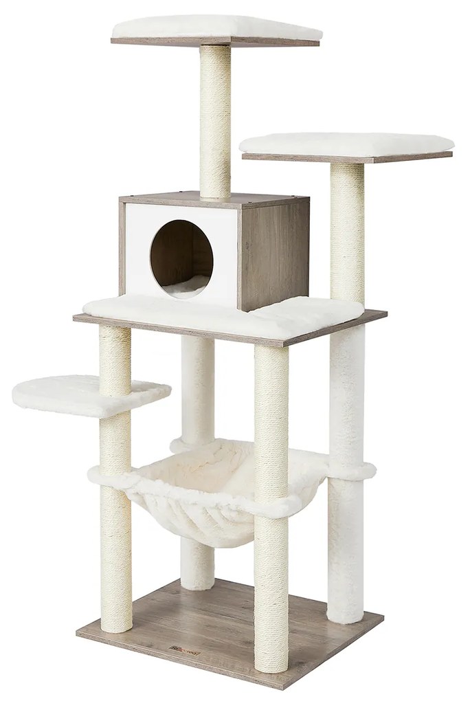 FEANDREA Greige PCT164G01 138 cm Árvore para gatos Móveis modernos para gatos Poste arranhador para gatos de vários níveis Caverna fofinha Postes de sisal Plataformas de rede Almofadas macias e laváveis