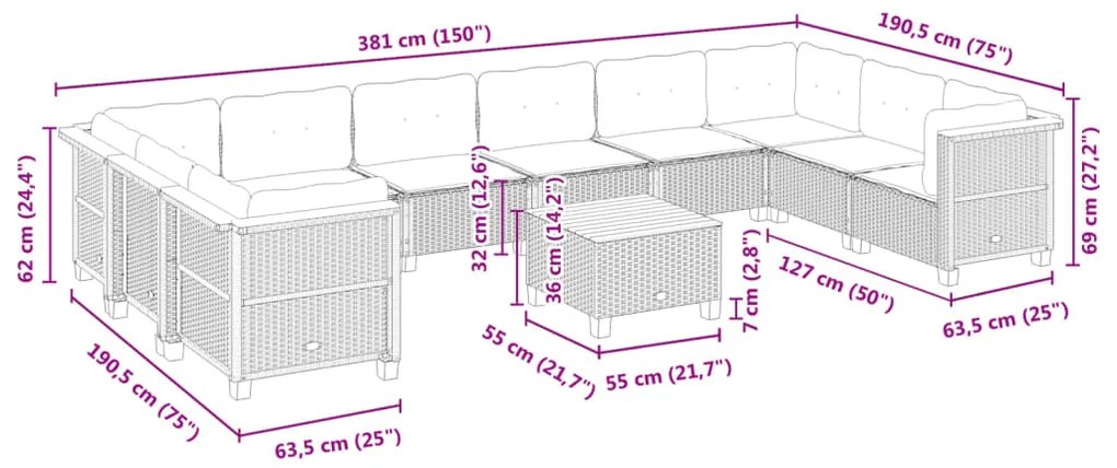 11 pcs conjunto sofás de jardim c/ almofadões vime PE cinzento