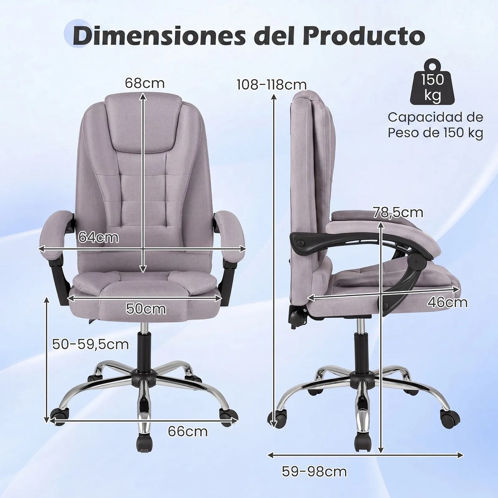 Cadeira de Escritório Ergonómica, 66 x 59-98 x 108-118 cm, Reclinável de 90° a 135°, Cinzento