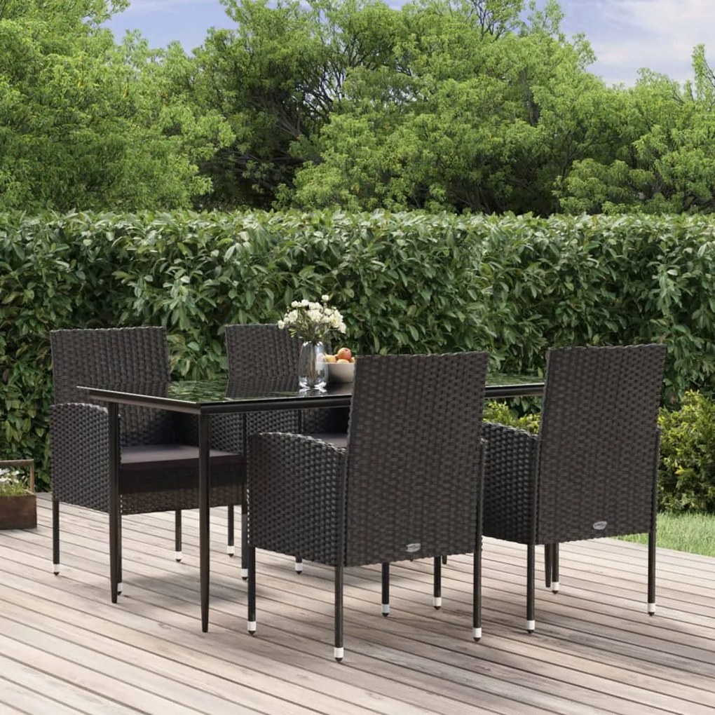 vidaXL 5 pcs conjunto de jantar p/ jardim c/ almofadões vime PE preto