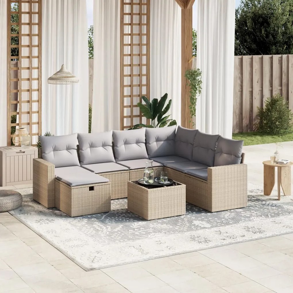 8 pcs conj. sofás jardim c/ almofadões vime PE bege misturado