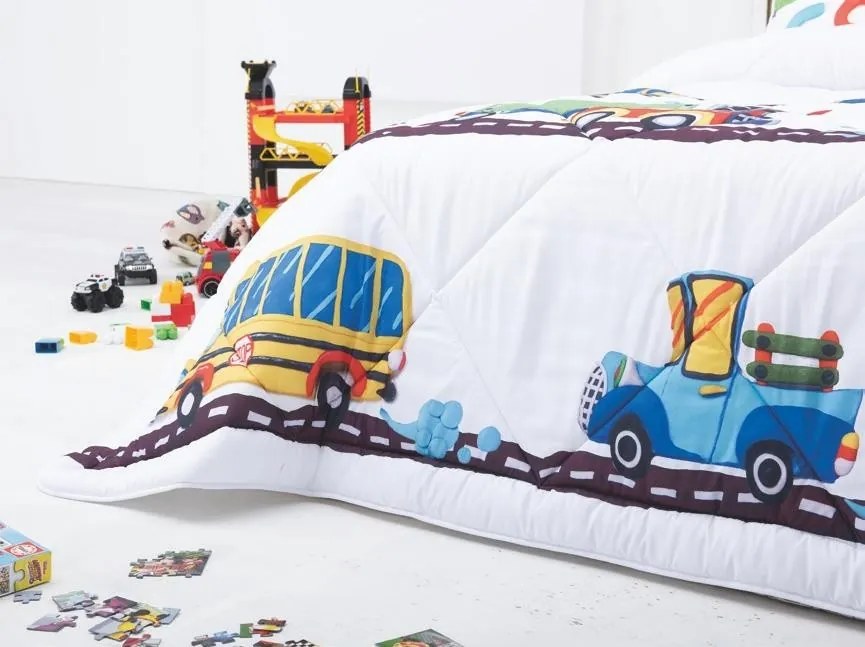 Edredom infantil Carros - Edredom infantil com almofadas: Colchas edredão 200x260 cm + 2 almofadas cheias 45x60 cm, com enchimento de 200 gr./m2 para primavera / outono