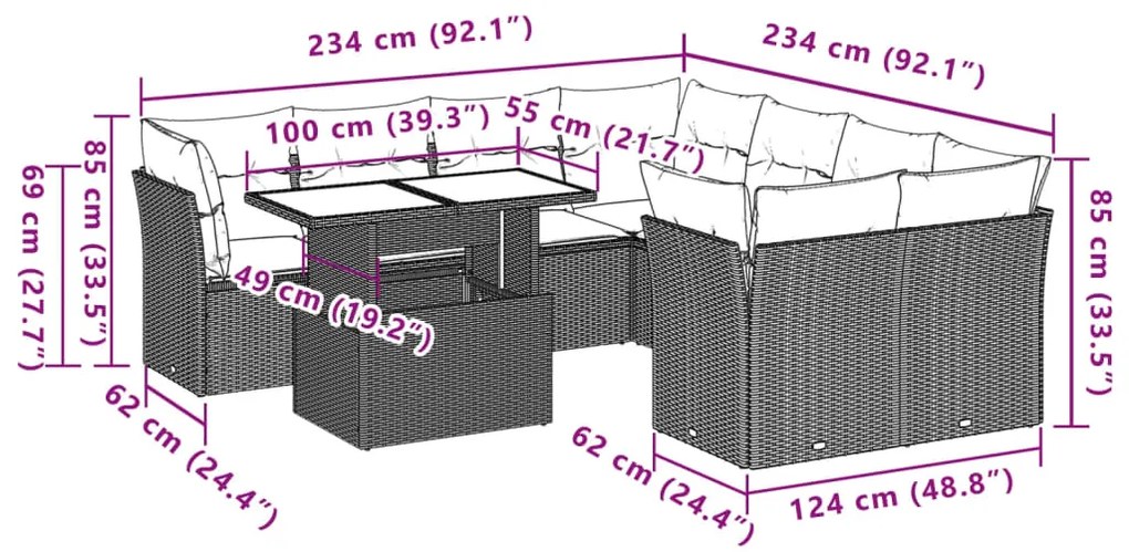 9 pcs conjunto de sofás p/ jardim c/ almofadões vime PE preto