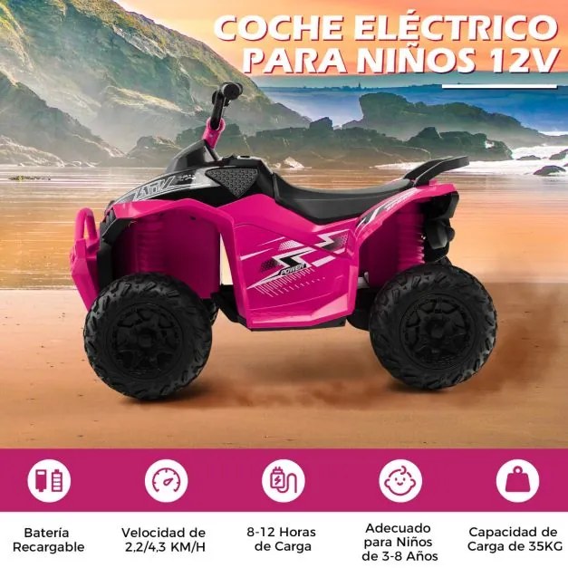 Moto 4 eléctrica para crianças com bateria de 12 V, velocidade alta/baixa, assento confortável, rodas largas, faróis, buzina, música Rosa