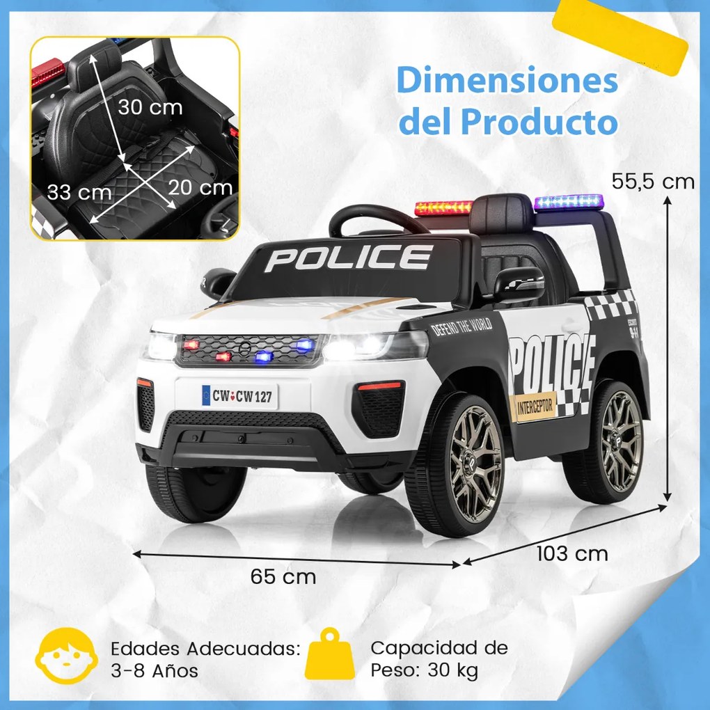 Carro de polícia elétrico com bateria de 12V 7A para crianças com Controlo remoto Sirene de música e luz LED intermitente Preto+Branco