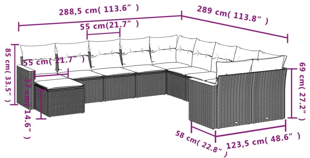 11 pcs conjunto sofás de jardim c/ almofadões vime PE cinzento