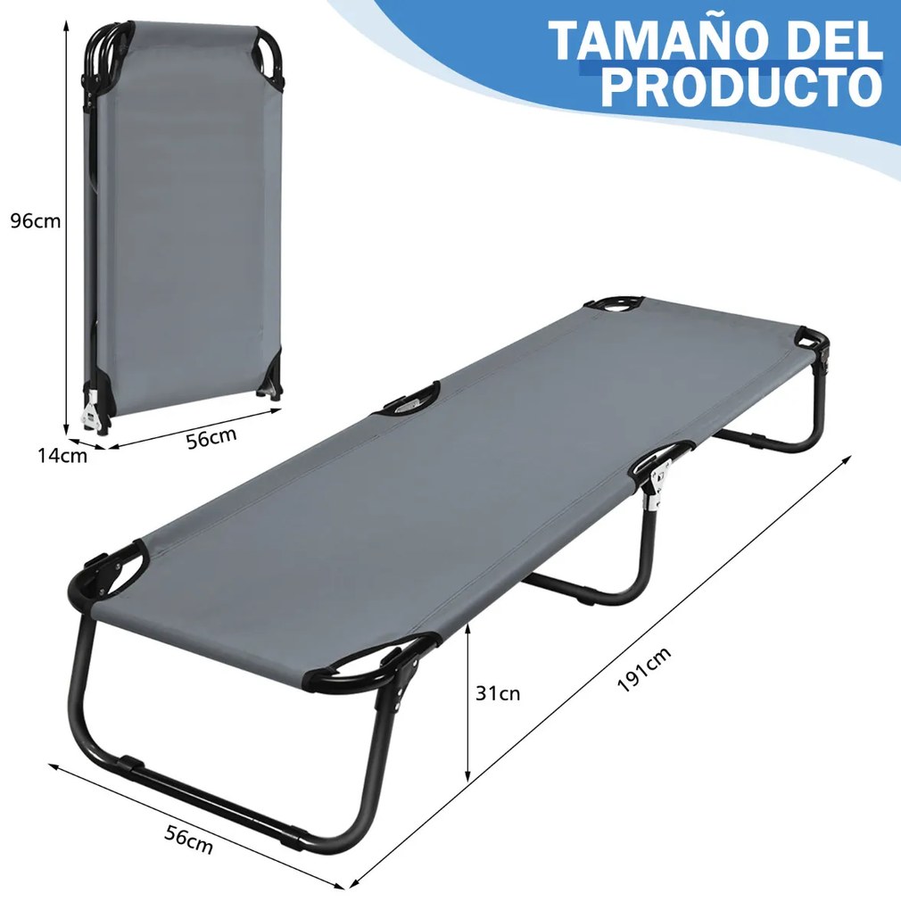 Cama de campismo dobrável de tecido portátil Cama de exterior para dormir Estrutura metálica leve para praia Escritório 191 x 56 x 31 cm Cinzenta