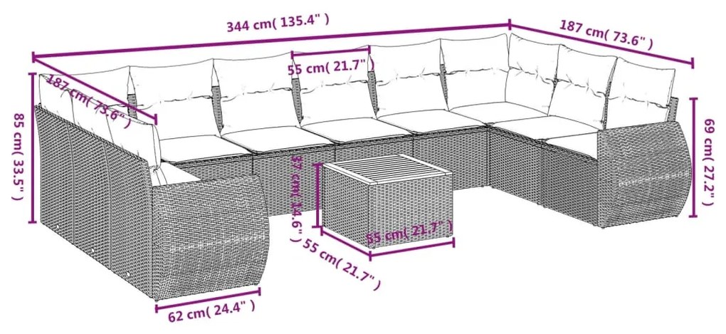 11 pcs conjunto sofás de jardim c/ almofadões vime PE preto