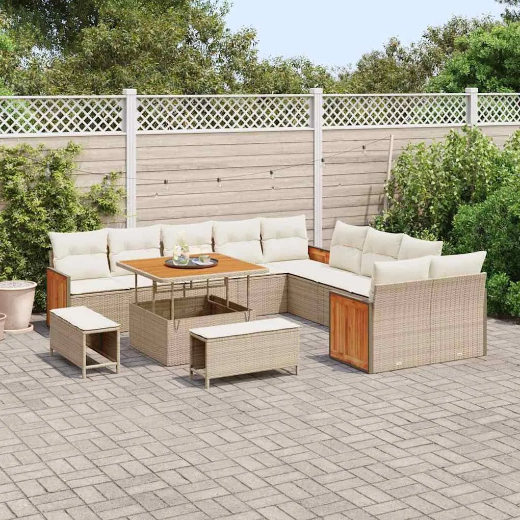 Conjunto de Sofá de Jardim de 13 Peças com Almofadas Bege Vime PE Acác