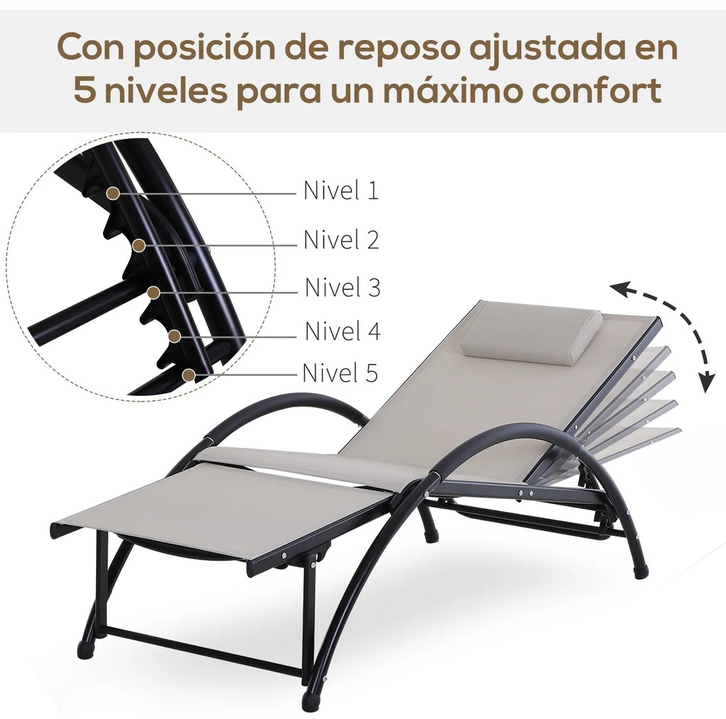 Outsunny Espreguiçadeira de Jardim Reclinável com Encosto Ajustável de 5 Níveis Apoio para os Pés Regulável e Apoio para a Cabeça Removível para Terraço Balcão Exterior 66x152x81cm Bege