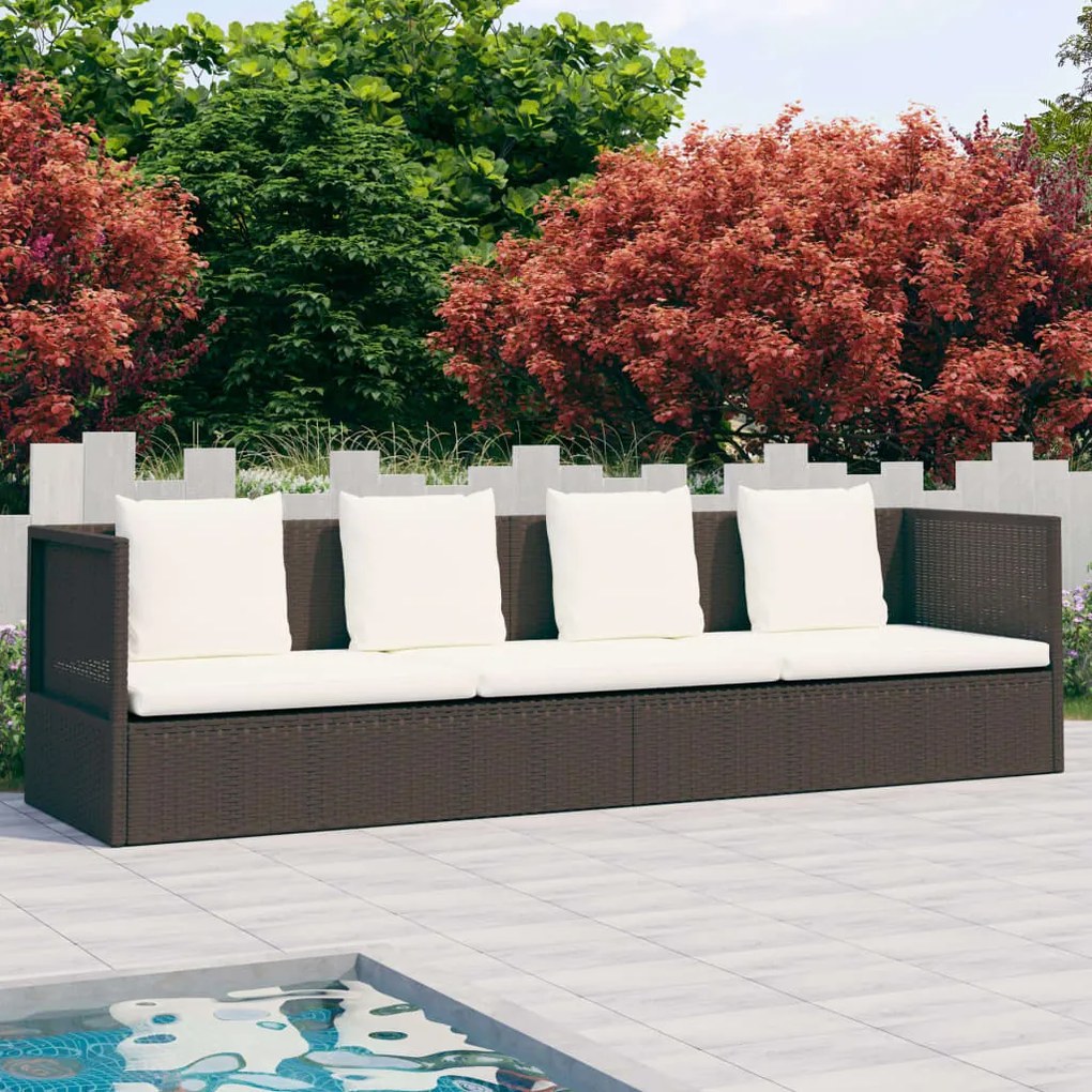 49392 vidaXL Espreguiçadeira jardim c/ almofadão+almofadas vime PE castanho