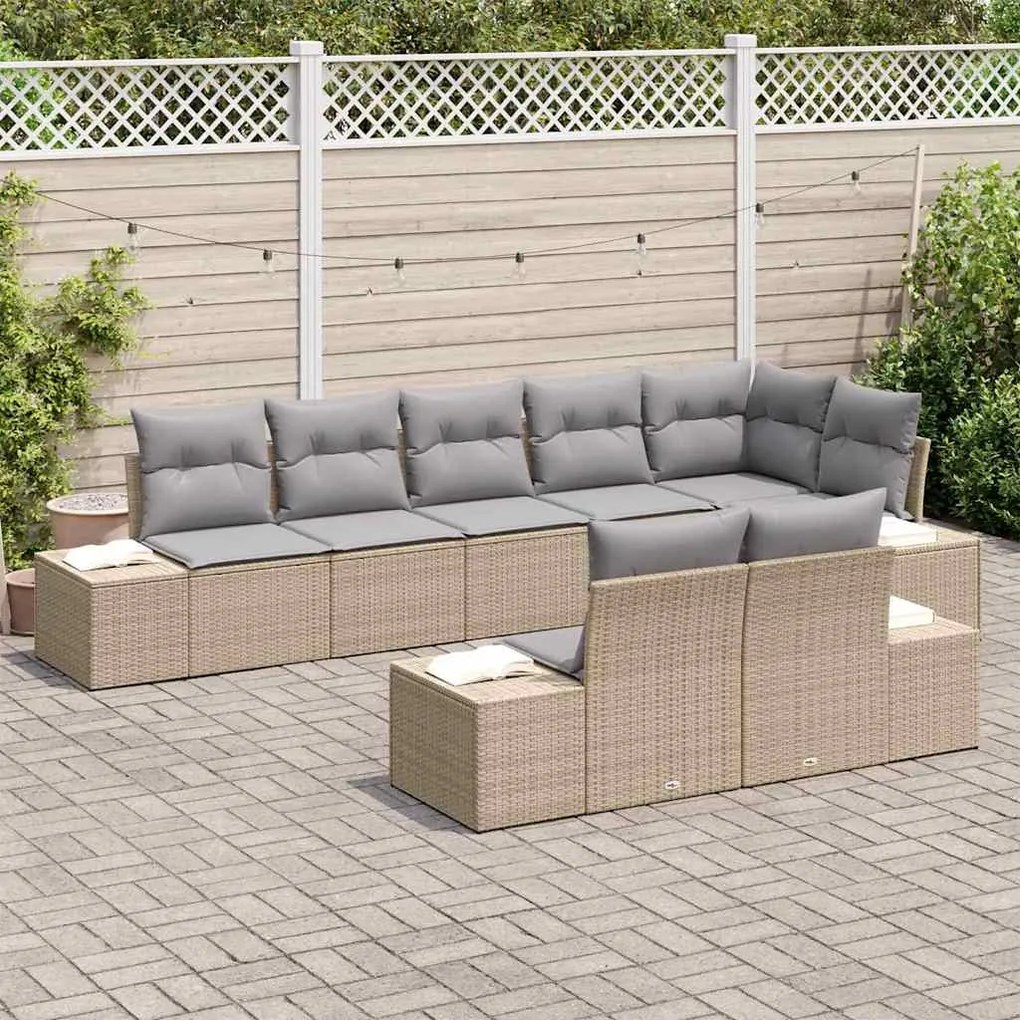 Conjunto de sofá de jardim com 8 peças e almofadas de rattan poli bege