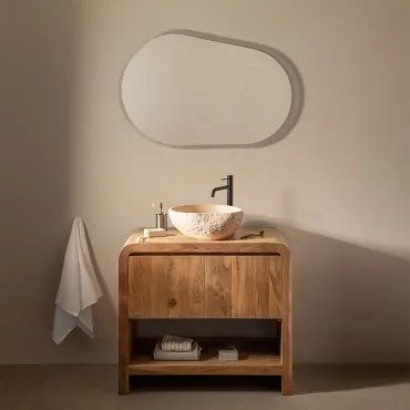 Conjunto De Móvel De Casa De Banho Em Madeira Vacry Castanho Acácia & Oval Led E Anti-embaciamento 100x80 Cm Riben & Preto Mate ↑30 Cm Com Válvula De