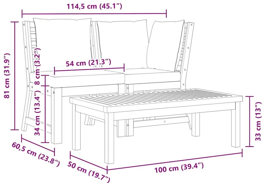 3 pcs conjunto lounge jardim c/ almofadões cor creme acácia