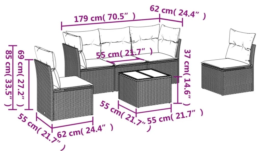 6 pcs conj. sofás jardim com almofadões vime PE cinzento-claro