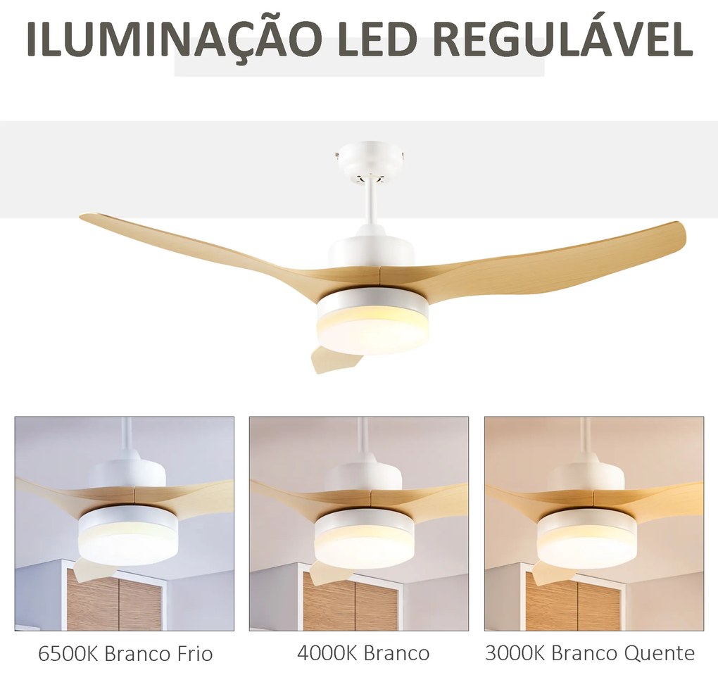 Ventoinha de Teto 20,5W Diâmetro 132cm com Luz LED Ajustável 3 Lâminas Reversíveis 6 Velocidades e Temporizador Madeira