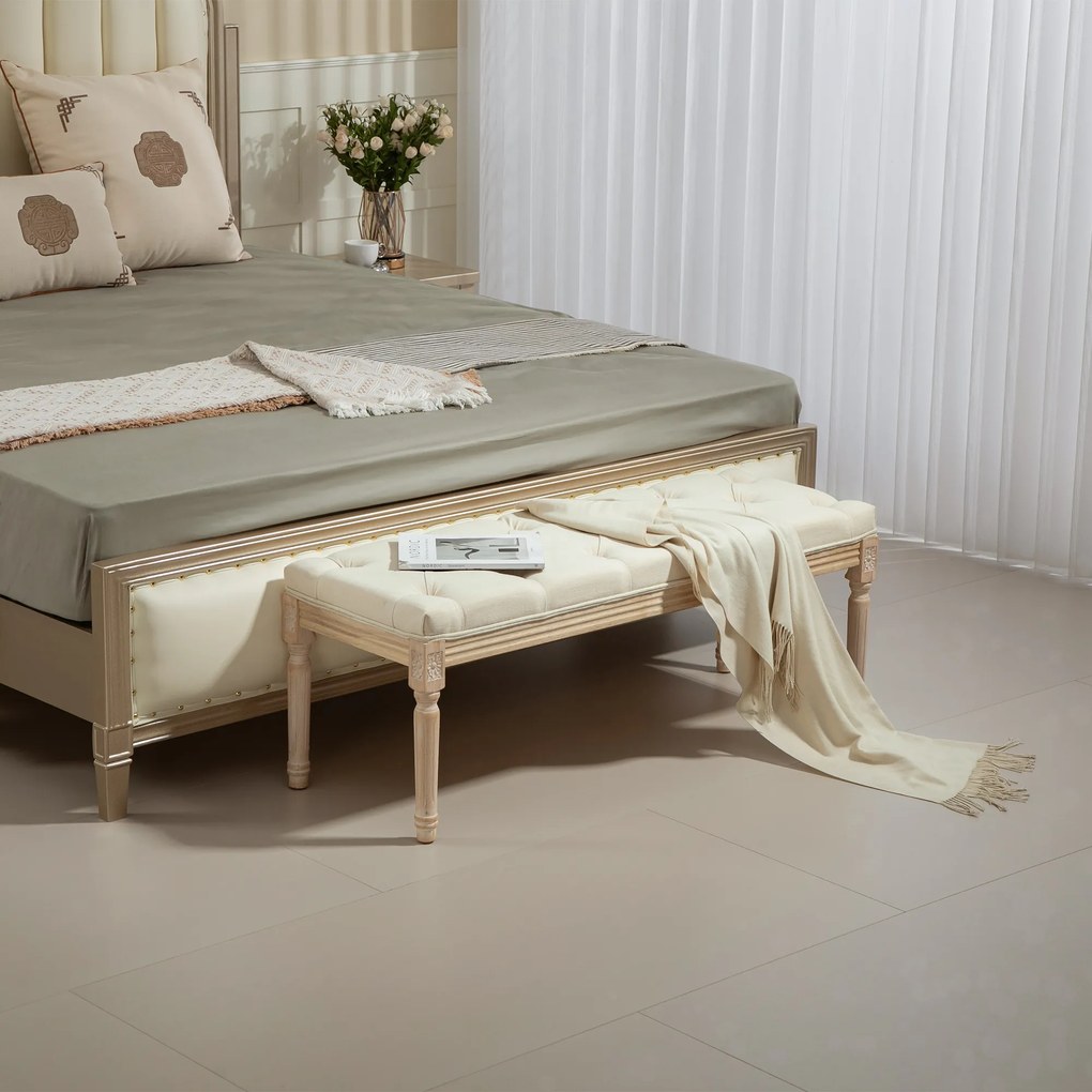Banco aos Pés da Cama Capitonê, 115 x 40 x 43 cm, Revestimento com Aspeto de Linho, Creme