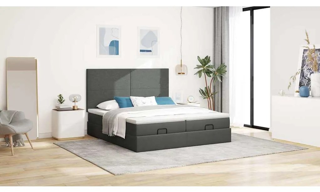Estrutura de cama otomana com colchões tecido cinzento escuro