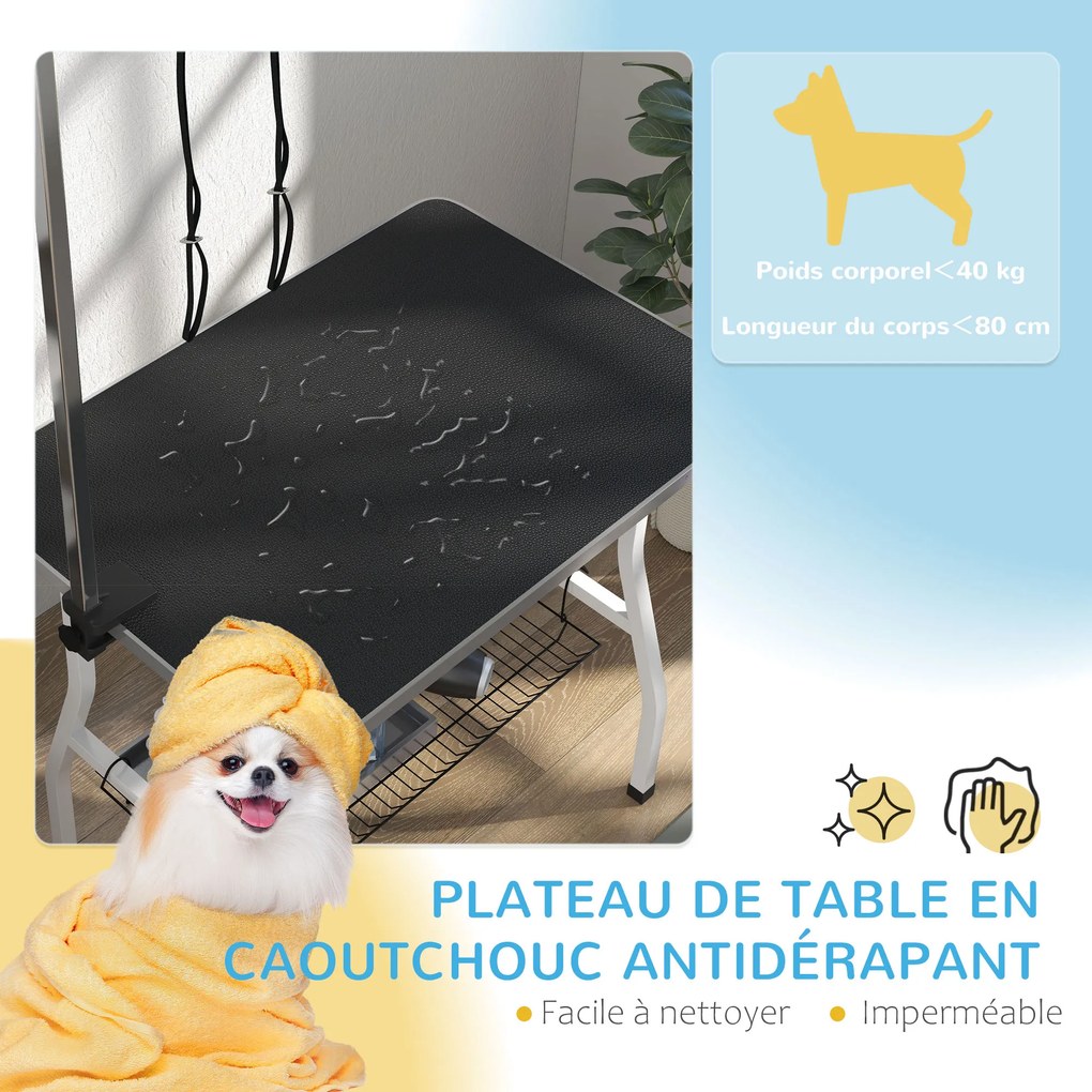 Mesa de tosquia para cães 90 x 60 x 76 cm, dobrável, com tabuleiro antiderrapante em borracha e 2 correias, preta