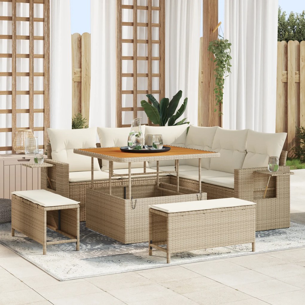 Conjunto de Sofá de Jardim 8 Peças com Almofadas Bege Rattan Polímero Acácia