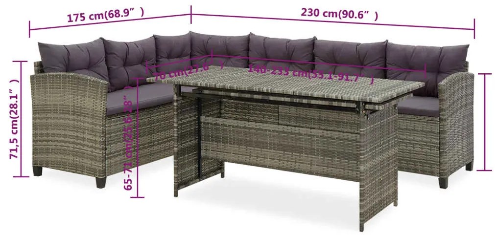 2 pcs conjunto lounge de jardim c/ almofadões vime PE cinzento