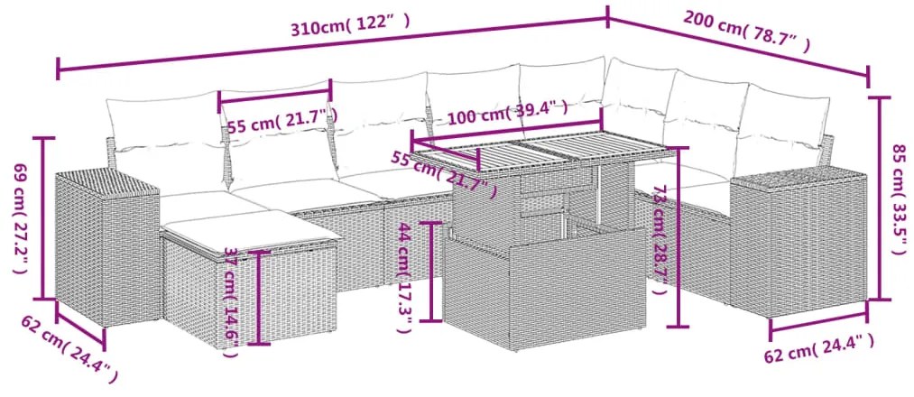 9 pcs conjunto de sofás p/ jardim c/ almofadões vime PE preto