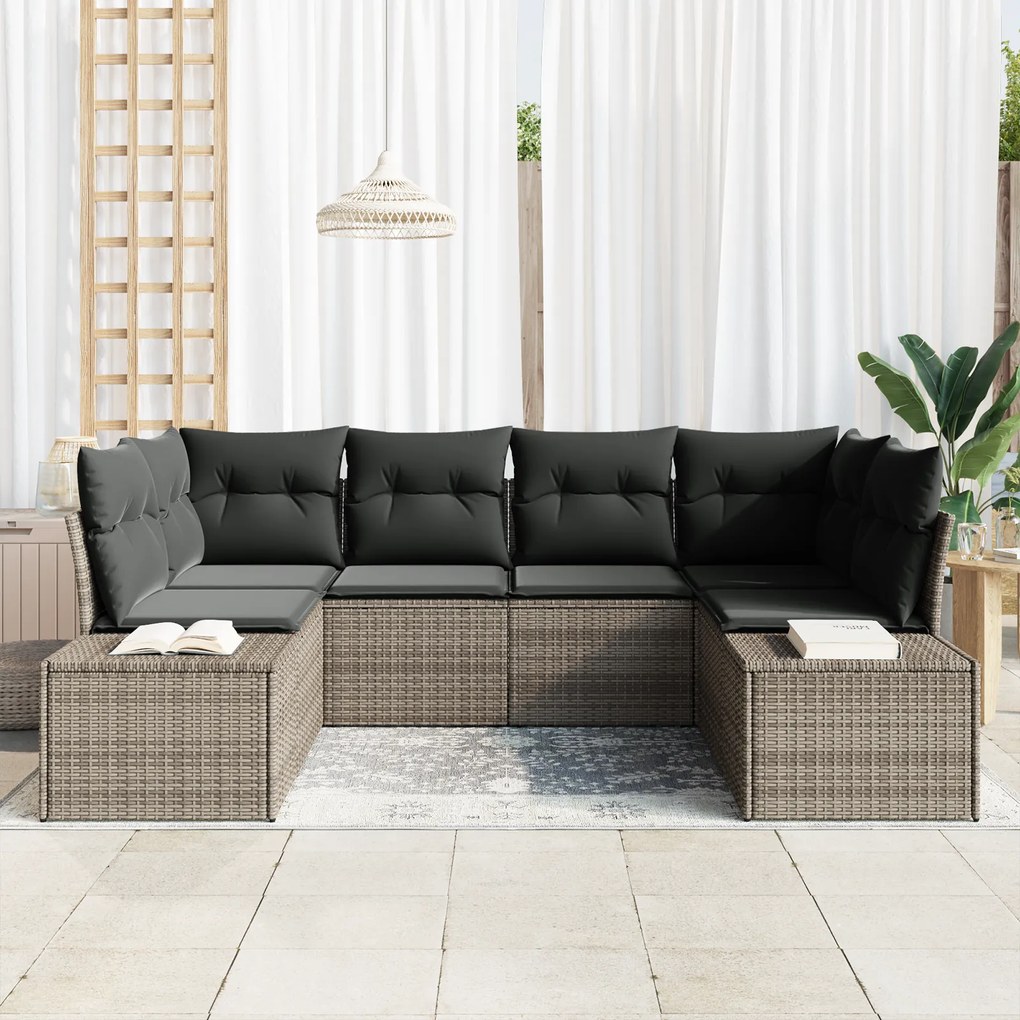 Conjunto de Sofá de Jardim 6 Peças com Almofadas Cinza Polirattan
