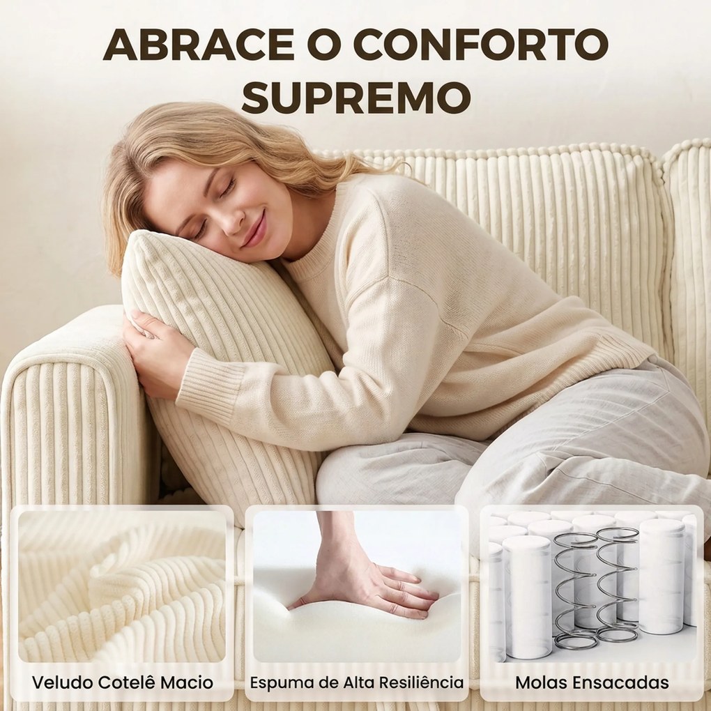 Sofá modular em L de 235 cm com arrumação e ottoman em bombazina, creme