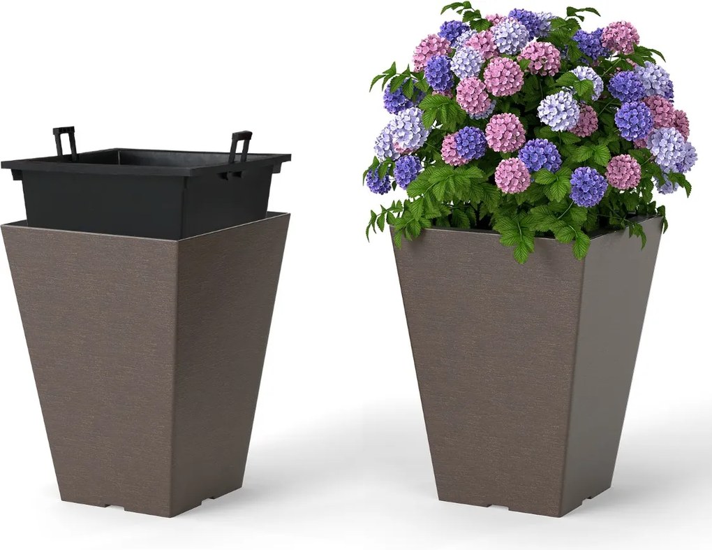 Conjunto de 2 vasos quadrados 25 x 25 x 35 cm cónicos com rega automática, cubo interior removível e orifícios de drenagem Castanho