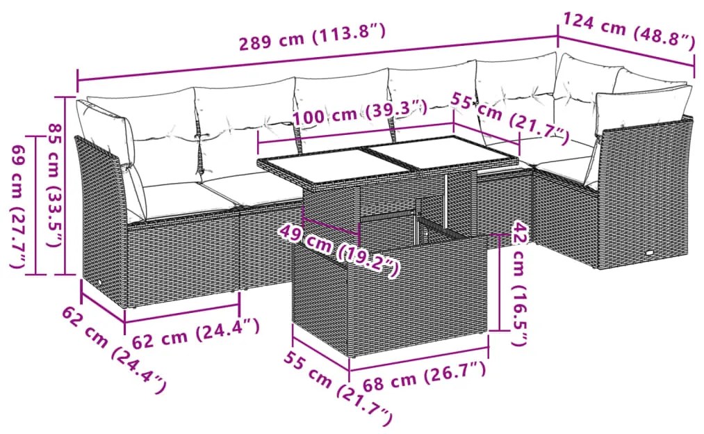 7 pcs conjunto de sofás jardim c/ almofadões vime PE castanho