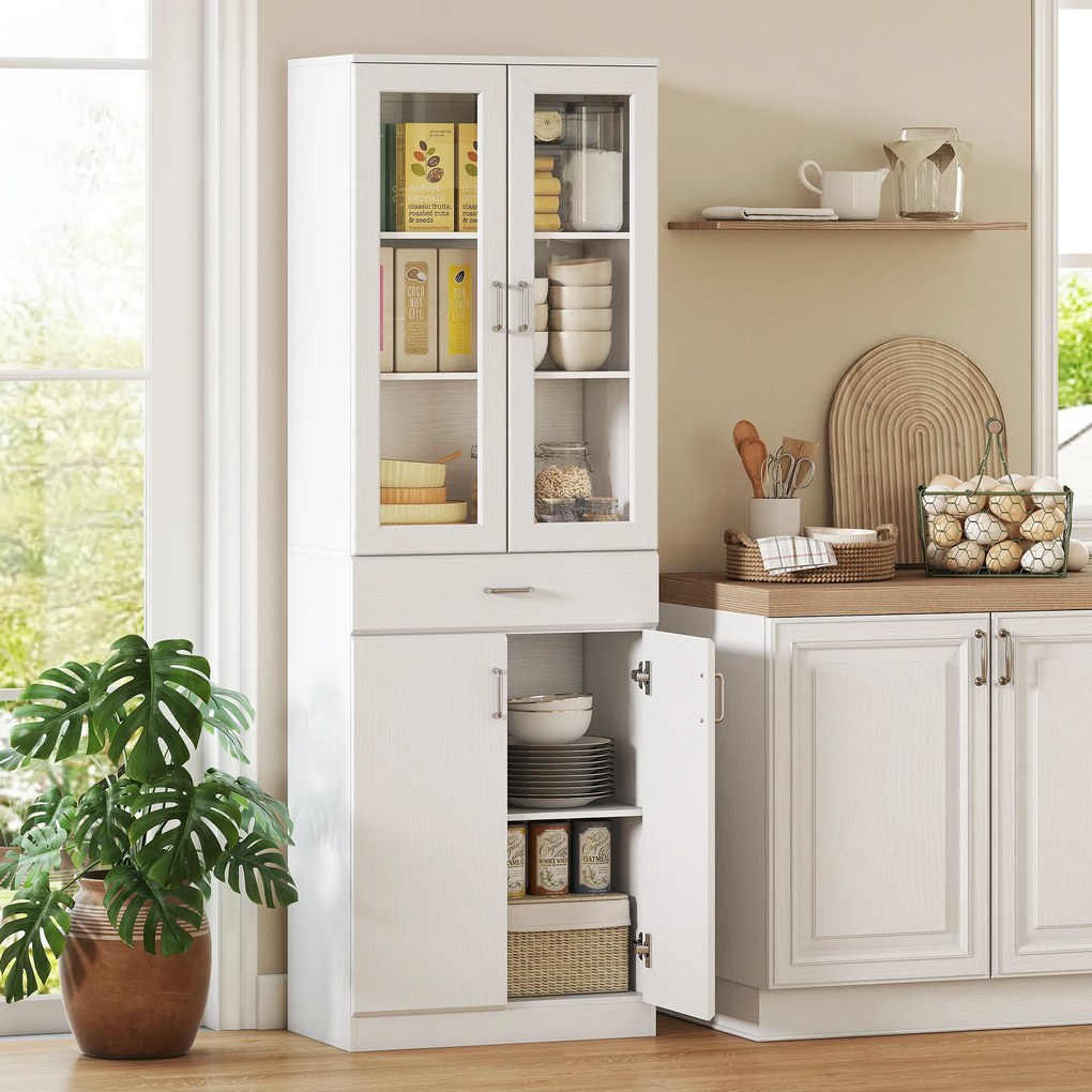 Armário de cozinha 60x35x180 cm, 4 portas, das quais 2 em vidro, gavetas, prateleiras ajustáveis, branco